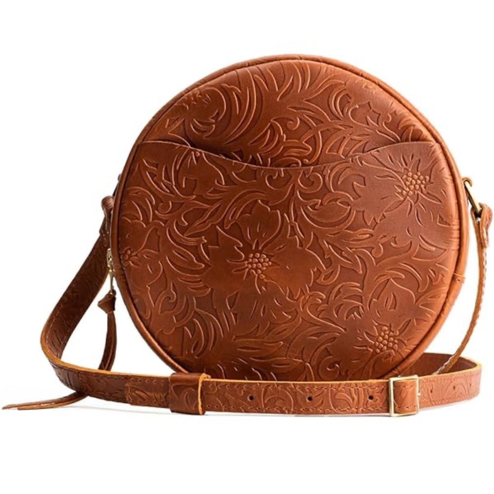 Portland Leather Round Embossed Crossbody Bag in Cognac Brown